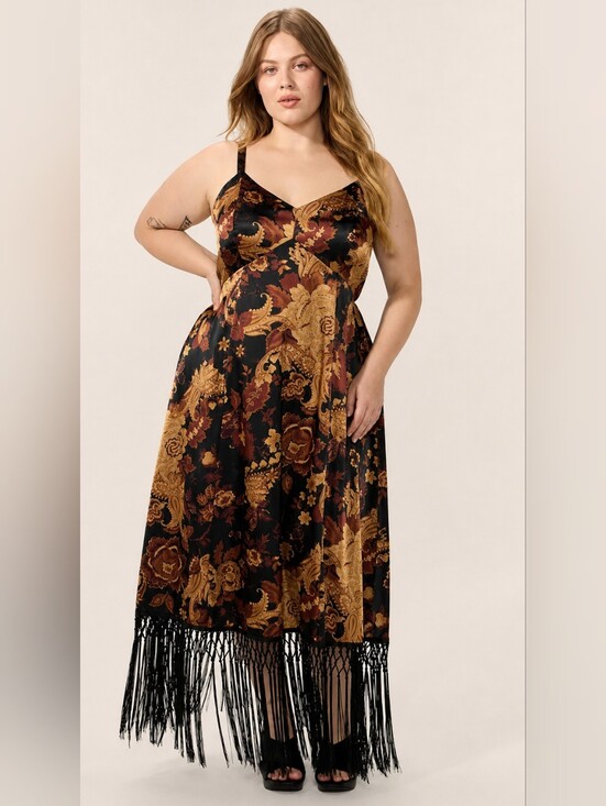 torrid Dresses & Skirts - Nwot Torrid FESTI 0X Black and Brown Floral Satin Slip Dress with Fringe